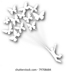 Vector cutout silhouette of a boy carried by flying butterflies with background shadow made using a gradient mesh