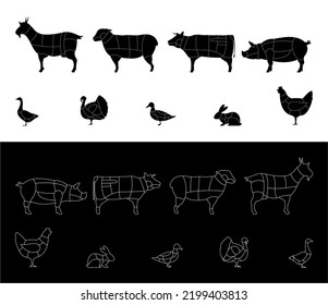 Vector Cuts Butcher Diagram Set. Pork, Beef, Lamb, Goat, Chicken, Rabbit, Duck, Turkey, Goose