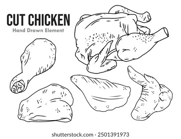 VECTOR CUTS OF CHICKEN WITH BLACK INK LINE ART, THIGH, WING, BREAST AND WHOLE CHICKEN