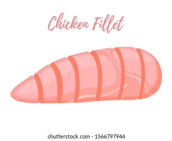 Vector cutted chicken fillet, natural farm meat in slices. Bird, turkey part, supermarket or butchery product. Cartoon flat style.