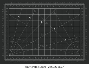 Fundo da placa de corte do vetor. Superfície de grade técnica com marcações de régua imperiais e métricas para trabalho de precisão, desenho e projeto de layout