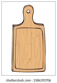 Vector cutting board. Hand drawn illustration with Kitchen Utensils isolated on a white background. Template for graphic design of packaging, backgrounds, banners or menu. Vector stock illustration.