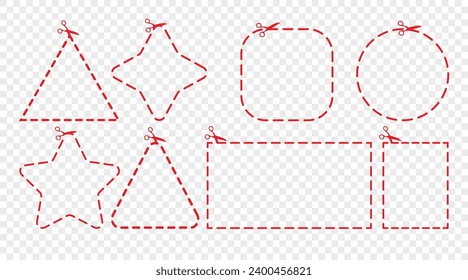 Vector cutting lines icon set. Geometric shapes. Red dashed outline objects with scissors on transparent background