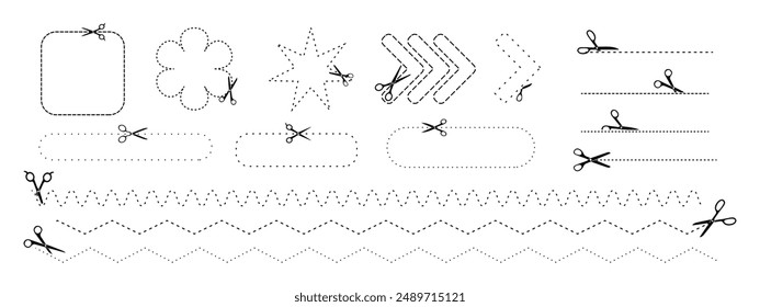 Líneas de corte de Vector con tijeras Iconos para Cupones, proyectos de bricolaje y artesanía