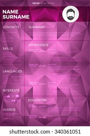 Vector cv, resume template. Modern dark curriculum vitae template with polygonal background