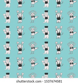 Vector cyan with black and white vertical anthropomorphic cartoon characters seamless pattern background