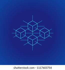 código de base de datos distribuida de igual a igual, código de bloqueo de diseño de esquema cian vectorial, explicación del icono de ilustración de esquema, fondo azul aislado