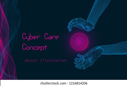 Vector Cyber Care Concept  - Data Protection from Espionage, Hacking, Viruses, Attacks, Cybercrime, Bullying, Breach and Another Dangers
