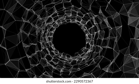 Vektor-Cyber-Tunnel für futuristische Geschwindigkeiten. Sci-fi-schwarzes Wurmloch. Abstraktes 3D-Wireframe-Portal mit Verbindungslinien und Punkten. Datenfluss. Technologie-Gittertrichter.