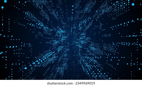 Vector cyber futuristic speed tunnel. Sci-fi blue wormhole. Matrix technology decoder. Abstract 3D wireframe portal with connections lines and dots. Data flow. Technology funnel with dots. svg