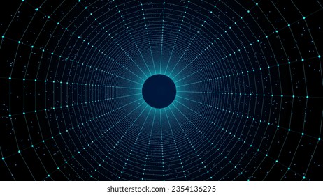 Vector cyber futuristic speed tunnel. Sci-fi blue wormhole. Abstract 3D wireframe portal with connections lines and dots. Data flow. Technology grid funnel. svg