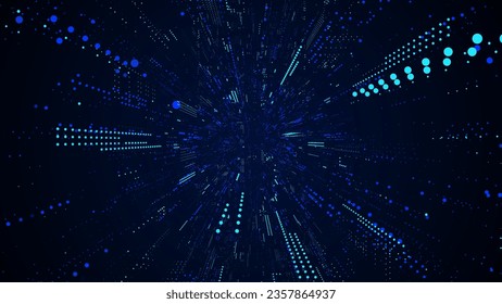 Vector cyber futuristic speed tunnel. Sci-fi blue wormhole. Matrix technology decoder. Abstract 3D wireframe portal with connections lines and dots. Data flow. Technology funnel with dots.