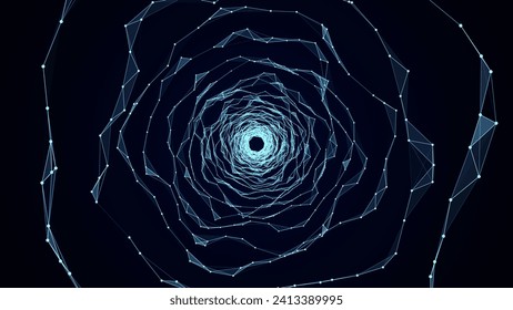 Vector cyber futuristic speed tunnel. Sci-fi blue wormhole. Abstract 3D wireframe portal with connections lines and dots. Data flow. Technology grid funnel.
