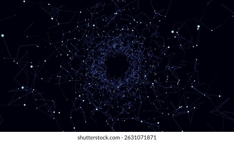 Vector cyber futuristic speed tunnel. Sci-fi blue wormhole. Abstract 3D wireframe portal with connections lines and dots. Data flow. Technology grid funnel.