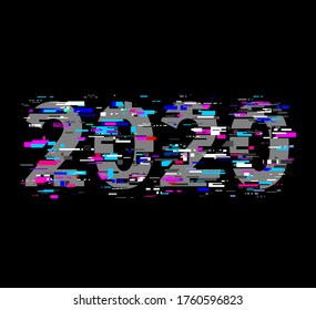Vector Cyber glitch. 2020 on black background. for t-shirts, t-shirt graphics, typography print, grunge background