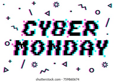 Vector Cyber monday 8-bit pixel art style banner. Text with glitch effect. Memphis glitch decor. White background