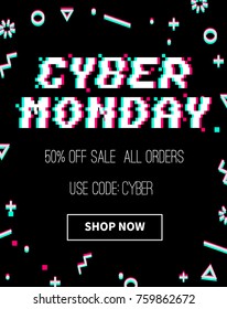 Vector Cyber monday 8-bit pixel art style banner. Text with glitch effect. Memphis glitch decor. Black background