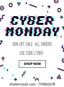 Vector Cyber monday 8-bit pixel art style banner. Text with glitch effect. Memphis glitch decor. White background