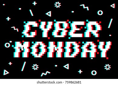 Vector Cyber monday 8-bit pixel art style banner. Text with glitch effect. Memphis glitch decor. Black background