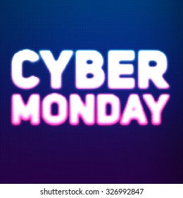 Vector cyber monday sale background with shining dots. Vector illustration of embossed letters on blue and violet blurred background. Array of shining dots as pixels on display in from of text.  
