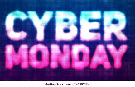 Vector cyber monday sale background with shining dots. Vector illustration of embossed letters on blue and violet blurred background. Array of shining dots as pixels on display in from of text.  