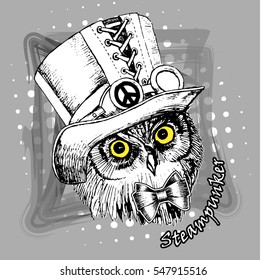 Vector cyber owl in a hat. Steampunk bird