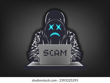 Vector cyber poster. Internet security. An unknown hooded scammer sitting at a mobile computer. Be careful, scam. Dangerous hacker.