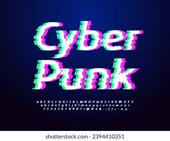 Alfabeto tipo vector Cyber Punk. Píxeles brillantes Fuente. Letras y números de alfabeto tecno brillantes