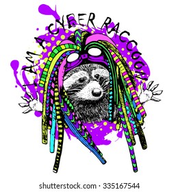 Vector cyber raccoon in a hat 2. Animal Goth. Blue, green, pink, violet, yellow, white, black. Cyber Goth.