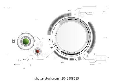 Vector cyber security circuit board with the green and red button on the circle to start or stop working for technology background