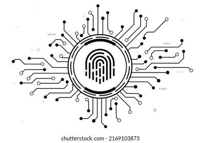 Vector cyber security circuit board with the black finger scan button for technology background