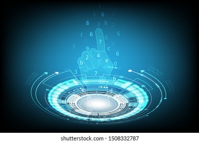 Vector cyber security communication concept with held up point Polygon hand  for the technology background