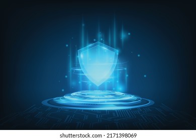 Vector cyber security concept. Network data security. Technology protection. Shield and dirduit board with blue light background.