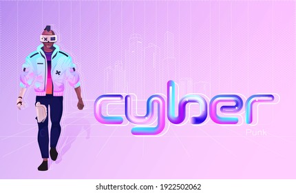 Vector cyberpunk male robot. dark skinned man with a cyborg face. Mechanical man in clothes. Cyberpunk dark leather