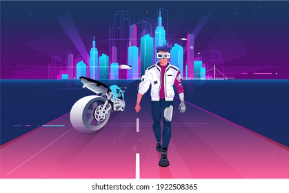 Vector cyberpunk male robot. A man with a cyborg face. A mechanical man in clothes walks along the road. Cyberpunk man and next to a modern motorcycle. Modern cyberpunk night city