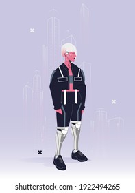 Vector cyberpunk robot girl. A woman with a cyborg face. Mechanical man in clothes