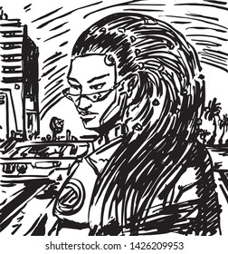 Vector cyberpunk/retrowave female character with sunset in futuristic city at the background