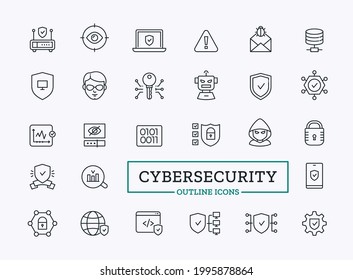 Vector cybersecurity thin line icons with sign of agent, hacker, server, safety system and data protection