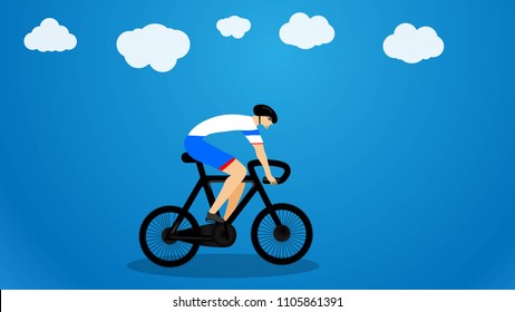 Vector cycle and Cyclist icon . Cycle icon on blue background with clouds. 