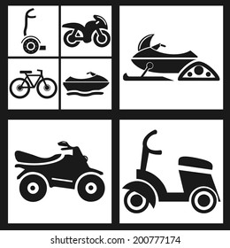 vector cycle icon set. Bicycle, quadcycle, monocycle, bike, scooter, snowmobile. 