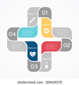 Ciclo vectorial más infografía de signos. Plantilla para diagrama, gráfico, presentación y gráfico. Concepto de atención médica con cuatro opciones, partes, pasos o procesos. Antecedentes abstractos.