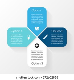 Ciclo vectorial más infografía de signos. Plantilla para diagrama, gráfico, presentación y gráfico. Concepto de atención médica con 4 opciones, partes, pasos o procesos. Antecedentes abstractos. Diseño del logotipo.