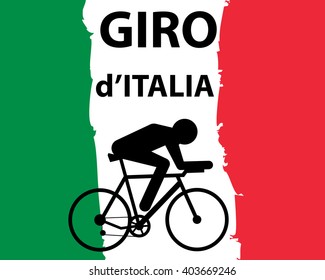 Vector cycling illustration - abstract figure of cyclist on a bike and Italy national flag. Signature "Race around Italy"