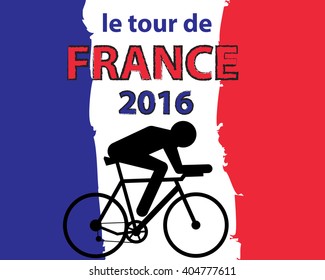 Vector cycling illustration - abstract figure of cyclist on a bike and France national flag. Signature "Race around France"