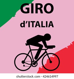 Vector cycling illustration - abstract figure of cyclist on a bike and Italy national flag colors. Signature "Race around Italy" - 'Giro d'Italia"