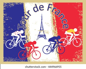 Vector Cycling Illustration - Abstract Figure Of Cyclist On A Bike And France National Flag. Grunge Background With Signature 