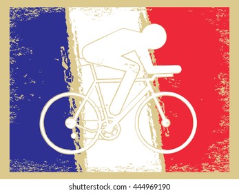 Vector cycling illustration - abstract figure of cyclist on a bike and France national flag. Active sports background - cycle race.