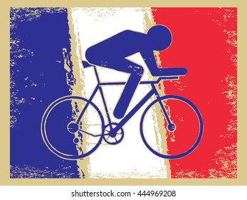 Vector cycling illustration - abstract figure of cyclist on a bike and France national flag. Active sports background - cycle race.