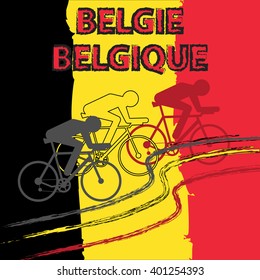 Vector cycling illustration - banner with abstract figure of cyclist on a bicycle and Belgium national flag