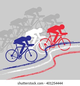 Vector cycling illustration - banner with abstract figure of cyclist on a bicycle with colors of France, Russia and The Netherlands national flag. Blue, white and red colours